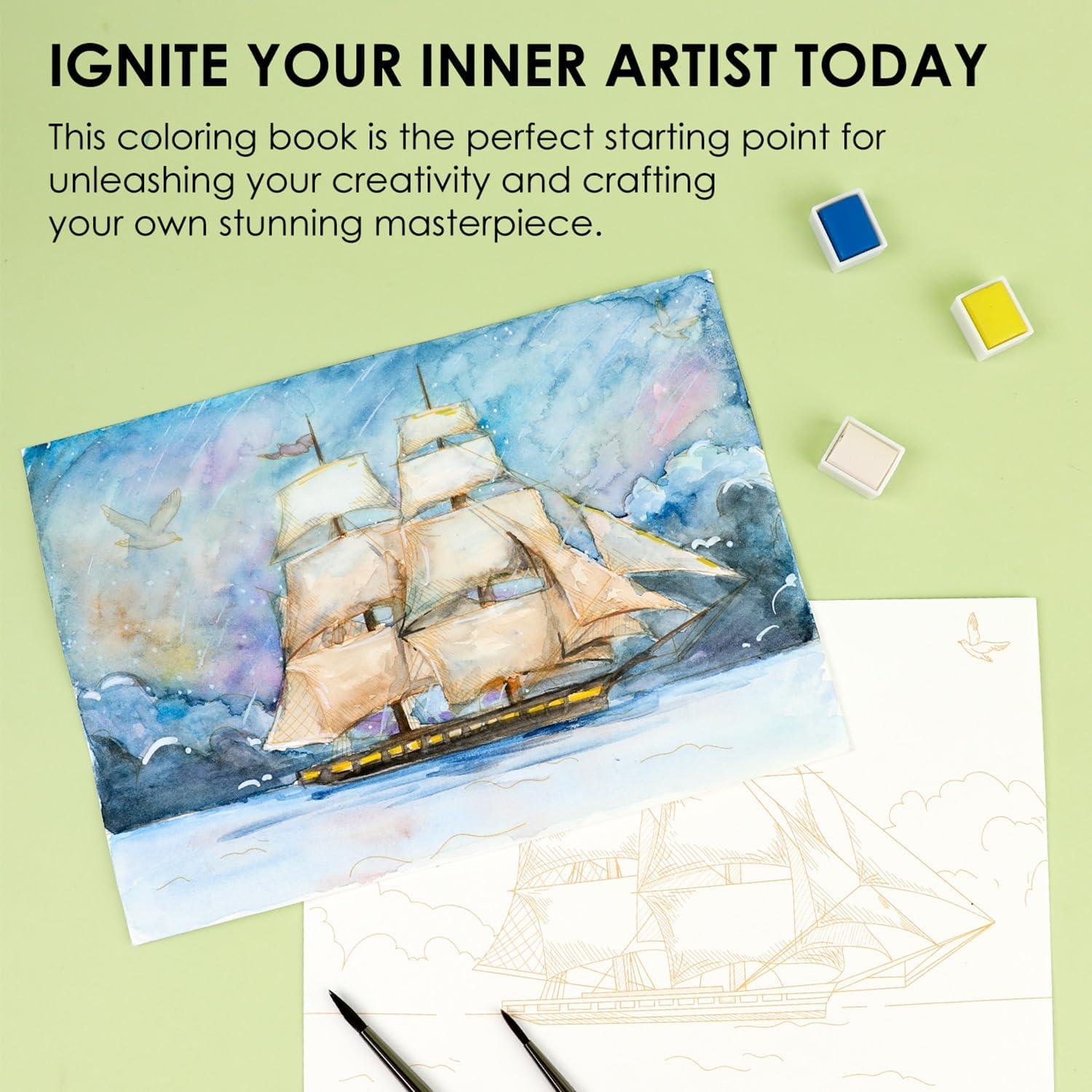 image:imageGrabie Watercolor Coloring Book 15 Sheets A5 83 x 58Watercolor Book for Adults Ignite Your Artistic Expression on 100 Cotton Paper LandScapeLandscape