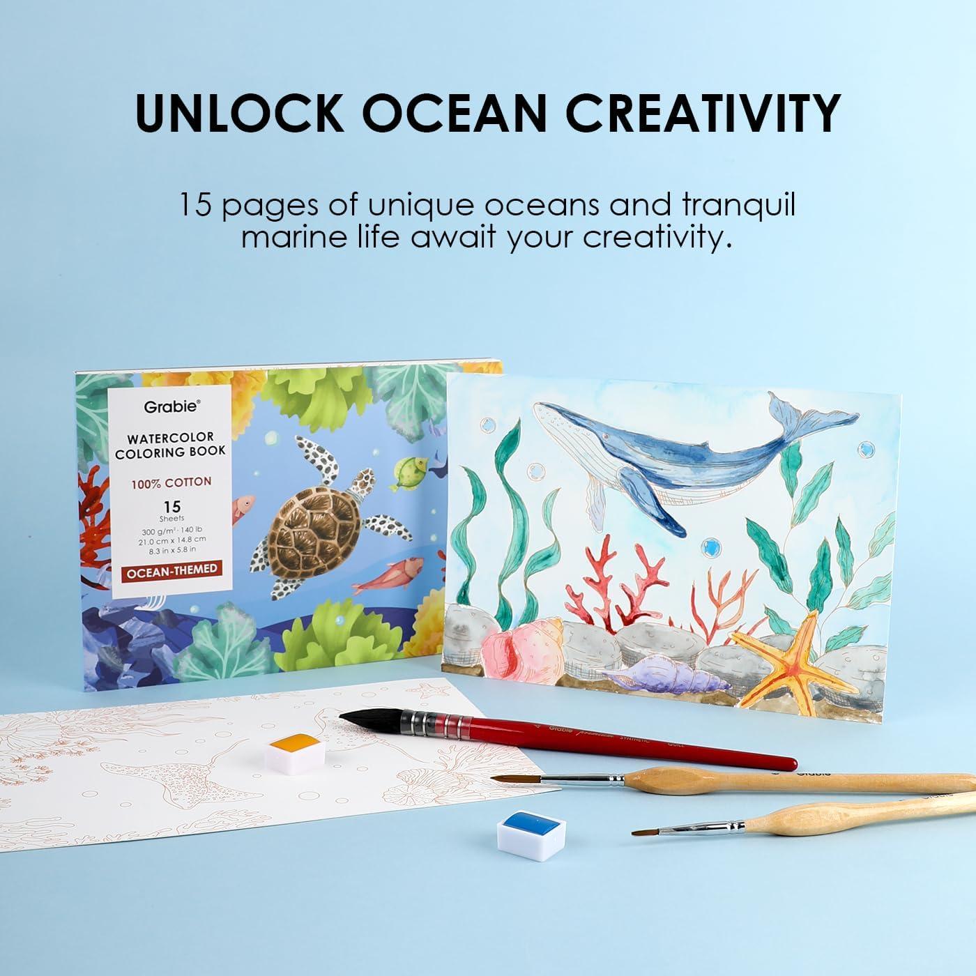 image:imageGrabie Watercolor Coloring Book 15 Sheets A5 83 x 58Watercolor Book for Adults Ignite Your Artistic Expression on 100 Cotton Paper LandScapeOcean
