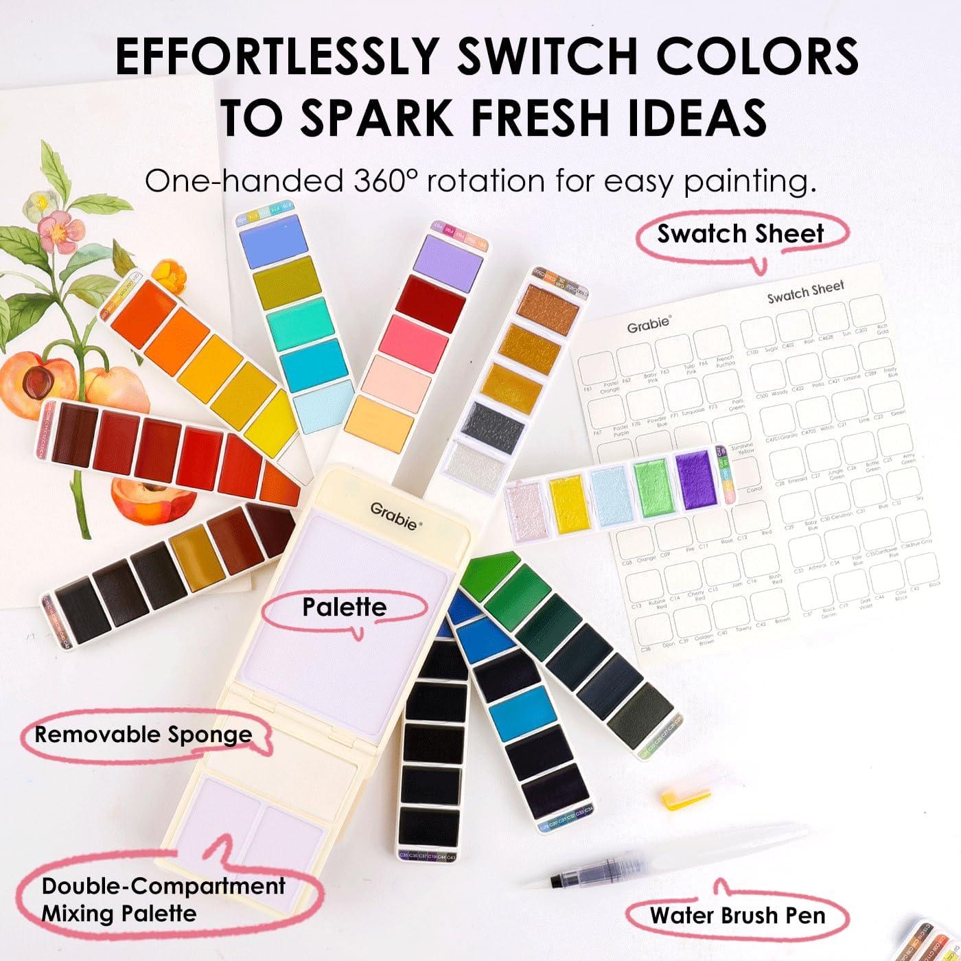 image:imageGrabie Watercolor Paint Set 56 Colors Handheld Watercolor Set of Water Brush Pen Palette and Removable Sponge Portable Watercolor Paint for Artist Beginner and Professional