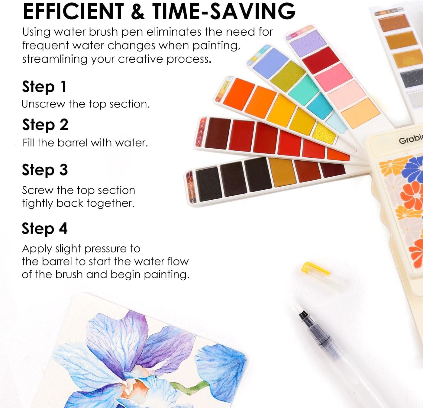 image:imageGrabie Watercolor Paint Set 56 Colors Handheld Watercolor Set of Water Brush Pen Palette and Removable Sponge Portable Watercolor Paint for Artist Beginner and Professional