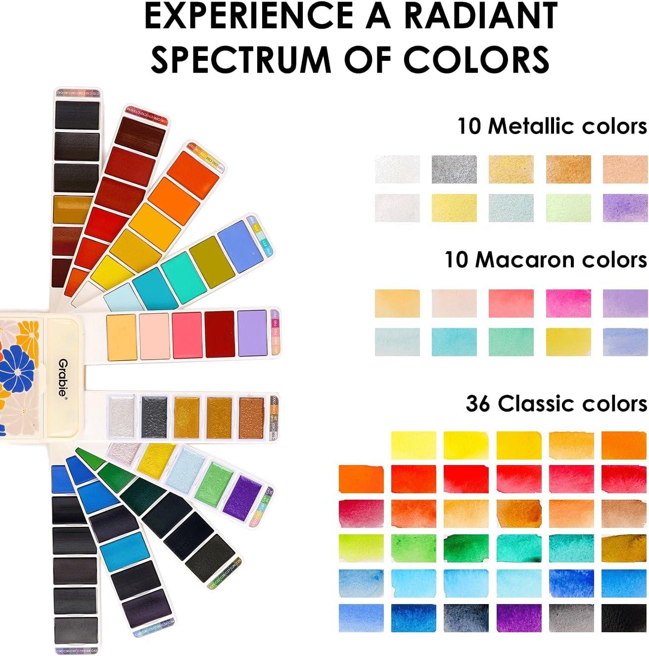 image:imageGrabie Watercolor Paint Set 56 Colors Handheld Watercolor Set of Water Brush Pen Palette and Removable Sponge Portable Watercolor Paint for Artist Beginner and Professional
