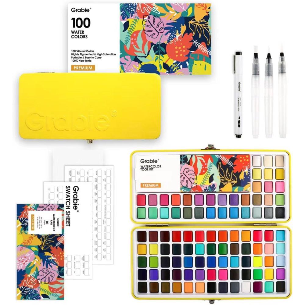 image:imageGrabie 100 Colors Premium AllInOne Watercolor Paint Set 50 Essential 35 Metallic 10 Pastels 5 Neon Hues Portable Case Brush Pens Paper Pad Waterproof Fineliner Pen Beginner amp Professional100 ColorsPremium