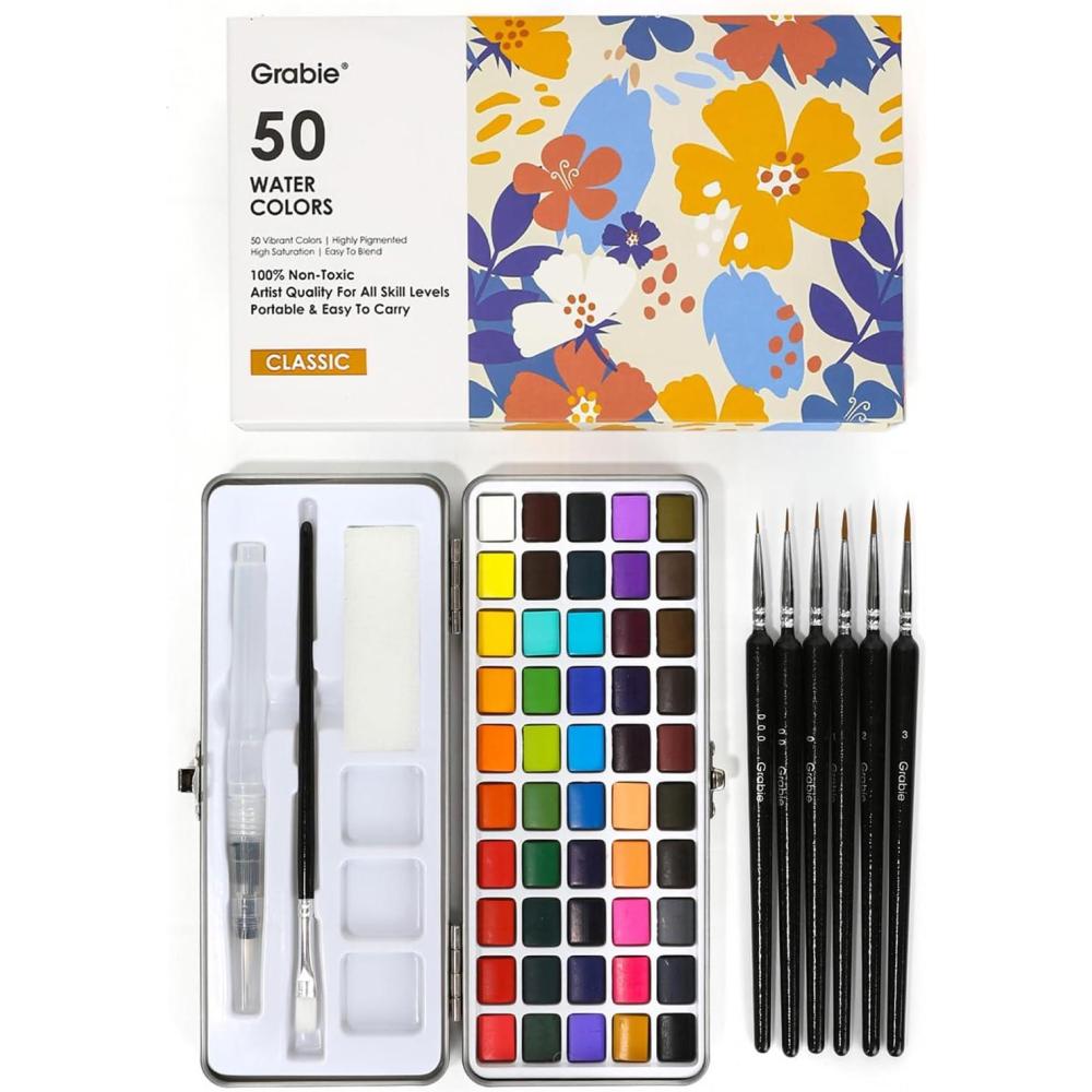 image:imageGrabie 100 Colors Premium AllInOne Watercolor Paint Set 50 Essential 35 Metallic 10 Pastels 5 Neon Hues Portable Case Brush Pens Paper Pad Waterproof Fineliner Pen Beginner amp Professional50 Colors