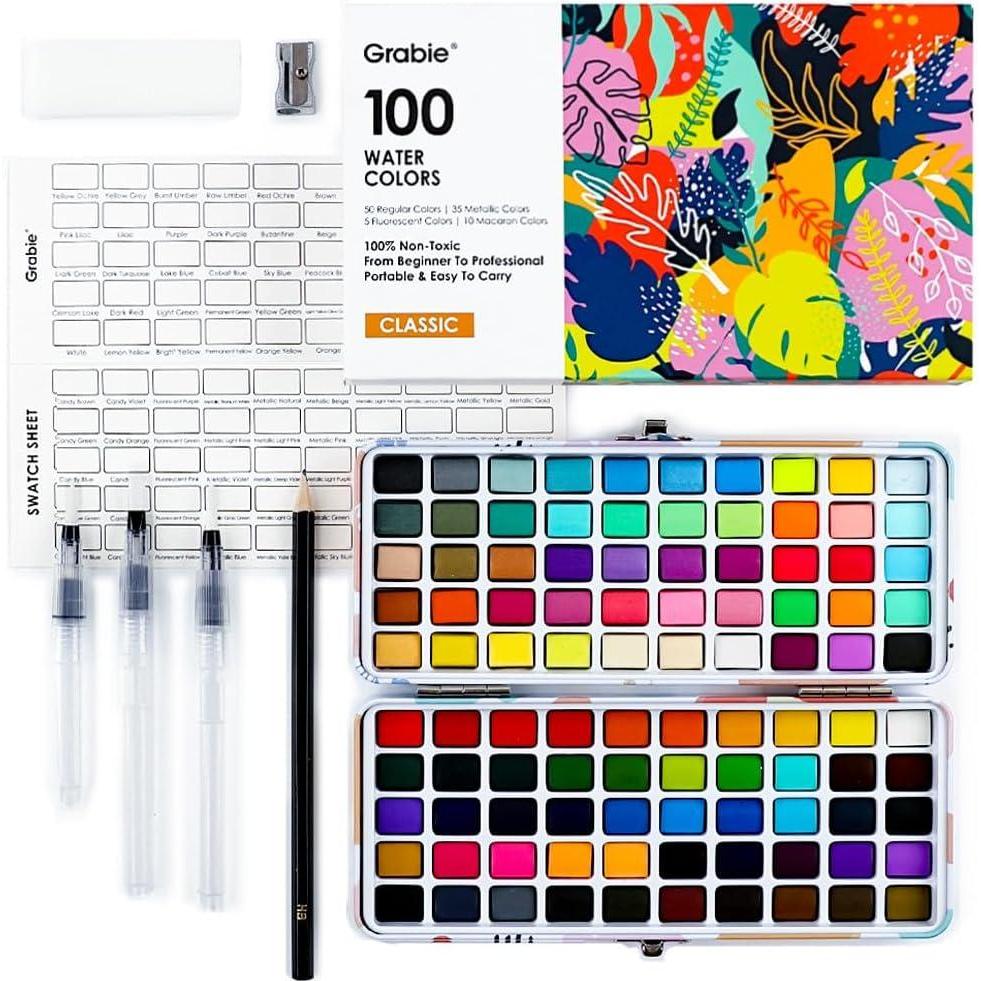 image:imageGrabie 100 Colors Premium AllInOne Watercolor Paint Set 50 Essential 35 Metallic 10 Pastels 5 Neon Hues Portable Case Brush Pens Paper Pad Waterproof Fineliner Pen Beginner amp Professional100 Colors