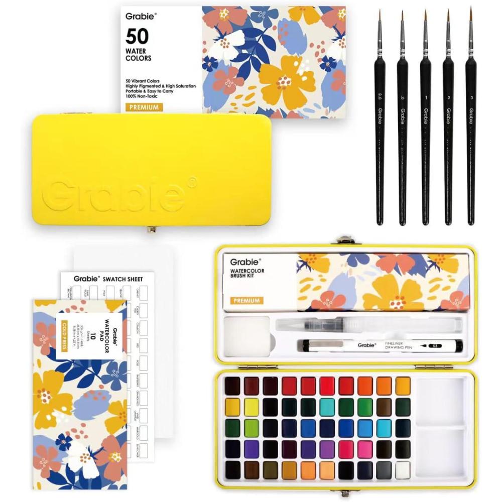 image:imageGrabie 100 Colors Premium AllInOne Watercolor Paint Set 50 Essential 35 Metallic 10 Pastels 5 Neon Hues Portable Case Brush Pens Paper Pad Waterproof Fineliner Pen Beginner amp Professional50 ColorsPremium