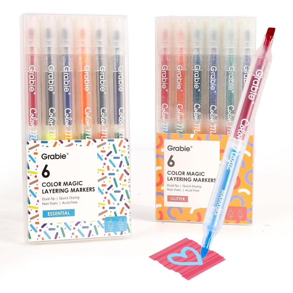 image:imageGrabie 24 Colors Magic Layering Markers12 Double Sided Color Changing Highlighter Pens4mm Chisel Tip amp 1mm Point Tip Dual Tip Magic Markers No Bleed Quick Drying2 Sets 6pcs Value Bundle