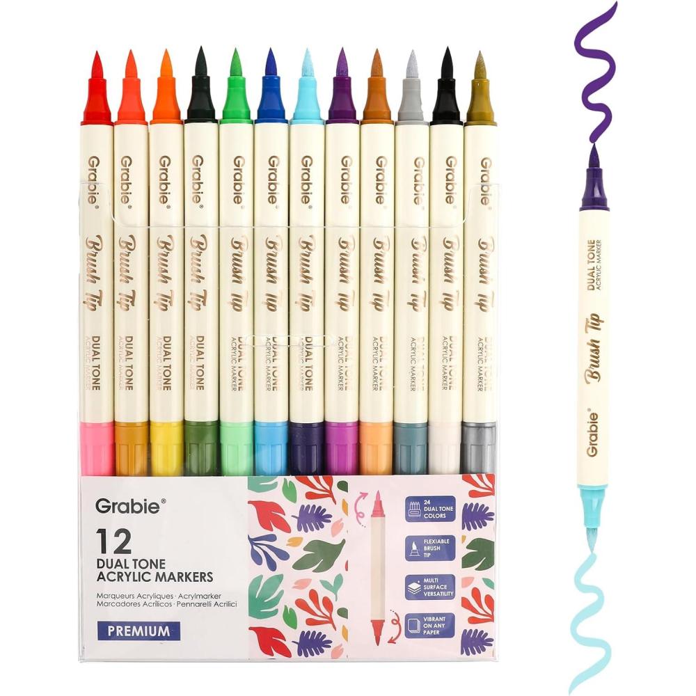 image:imageGrabie 72 Colors Acrylic Paint Markers Soft Brush Tip Acrylic Markers Set Water Based Acrylic Markers for Wood Fabric Canvas Glass Stone Rock Painting and DIY Crafts Art Supplies Set of 36A12Pcs24Dual Tone Colors