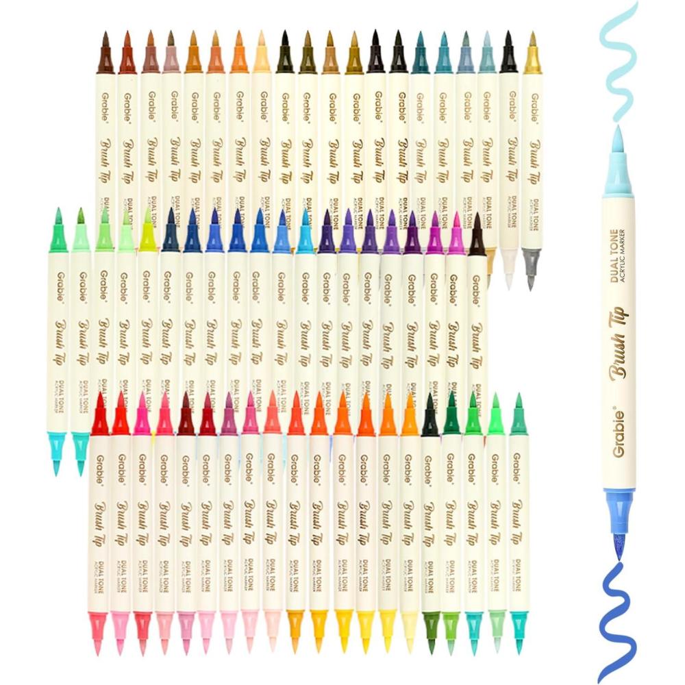 image:imageGrabie 72 Colors Acrylic Paint Markers Soft Brush Tip Acrylic Markers Set Water Based Acrylic Markers for Wood Fabric Canvas Glass Stone Rock Painting and DIY Crafts Art Supplies Set of 36C60Pcs120Dual Tone Colors