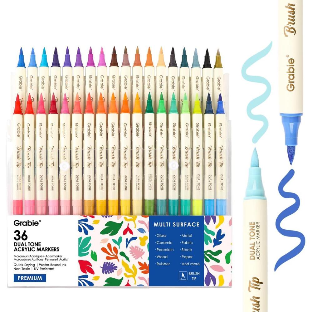 image:imageGrabie 72 Colors Acrylic Paint Markers Soft Brush Tip Acrylic Markers Set Water Based Acrylic Markers for Wood Fabric Canvas Glass Stone Rock Painting and DIY Crafts Art Supplies Set of 36B36Pcs72Dual Tone Colors