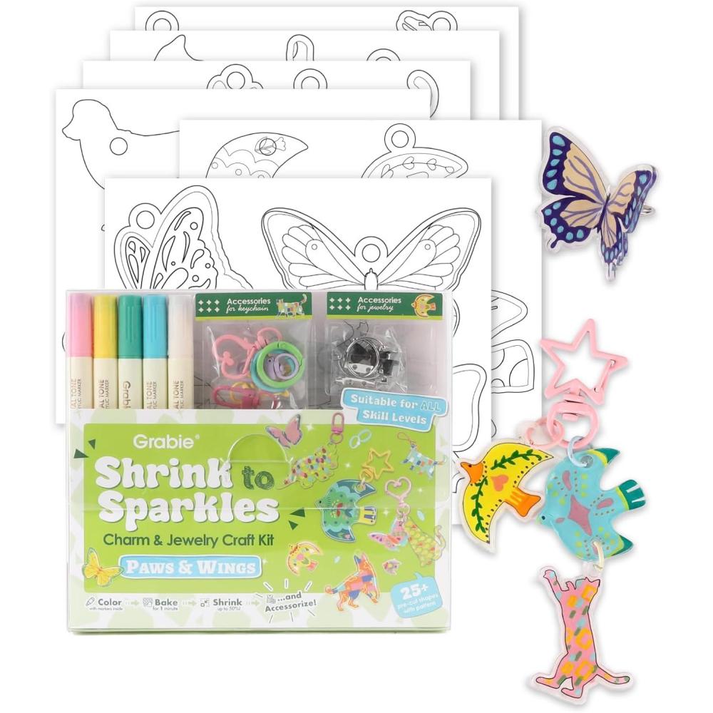 image:imageGrabie DIY Shrink Art Craft Kit Jewelry Making Kit for Kids Adults 25 PreCut Shapes 5 DualTip Markers Custom Charms Pins Rings Keychains Paws amp Wings Creative FreedomPaws Wings Creative Freedom