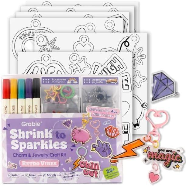image:imageGrabie DIY Shrink Art Craft Kit Jewelry Making Kit for Kids Adults 25 PreCut Shapes 5 DualTip Markers Custom Charms Pins Rings Keychains Paws amp Wings Creative FreedomRetro Vibes Beginner Friendly