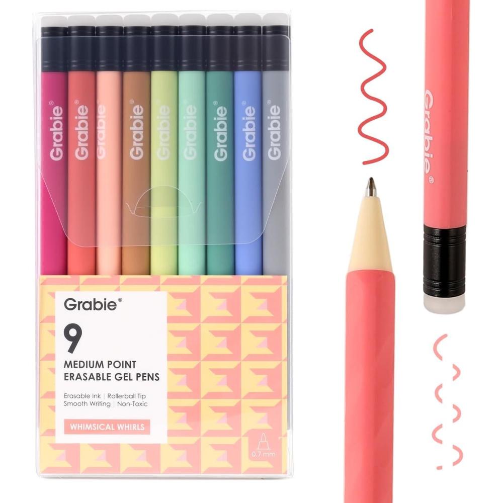 image:imageGrabie Erasable Gel Pens Medium Point 07 mm Erasable Pens Make Mistakes Disappear for Drawing Writing Planner Pack of 9 Assorted ColorsLavender Dreams9 Colors Pens Whimsical Whirls