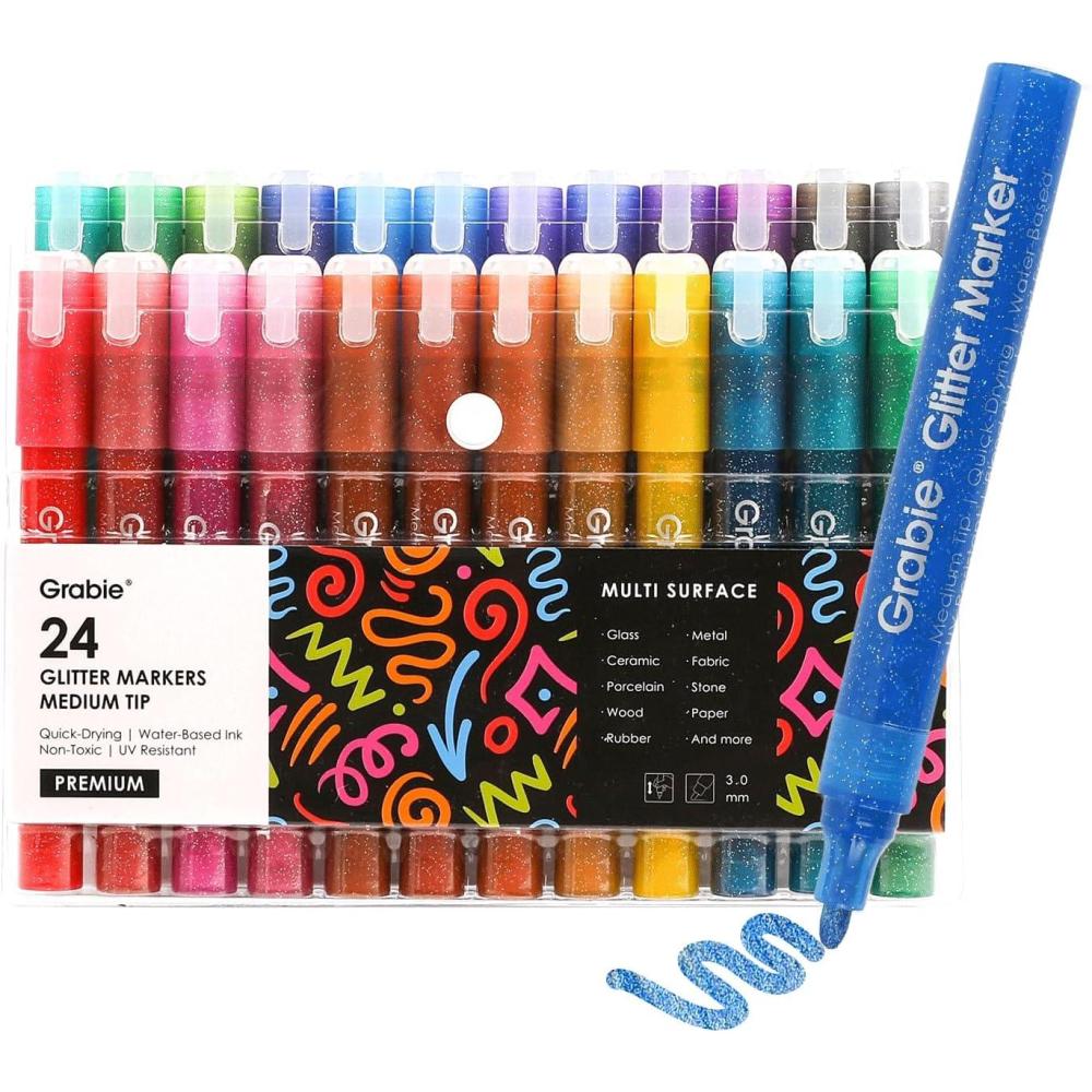 image:imageGrabie Glitter Markers 24 Pack Extra Fine Tip Acrylic Paint Markers QuickDrying WaterBased Metallic Glitter Pens for PaperCard Making Canvas Fabric DIY Craft Supplies for Adult amp KidsMedium Tip 24 Colors