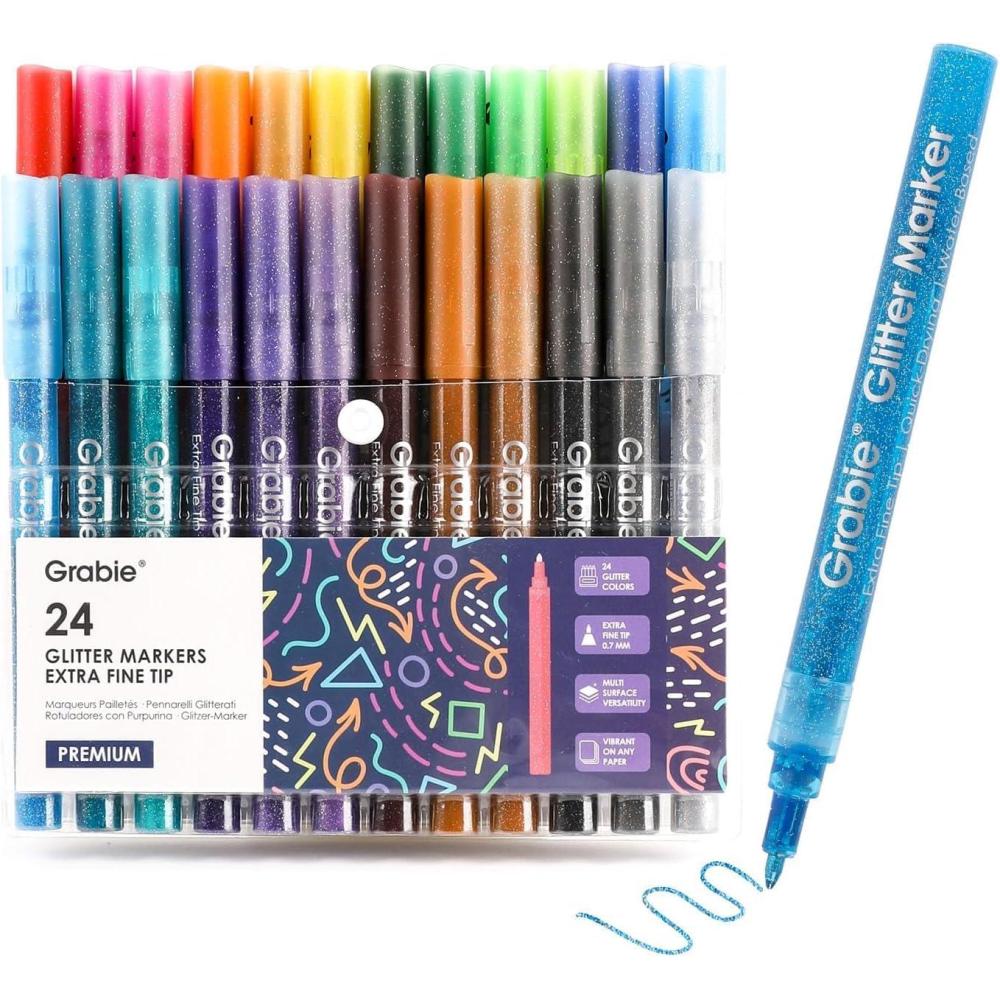 image:imageGrabie Glitter Markers 24 Pack Medium Tip Acrylic Paint Makers for Canvas Fabric Rock Painting QuickDrying WaterBased Metallic Glitter Pens for Paper DIY Crafts Art Supplies for Kids amp AdultsExtra Fine Tip 24 Colors