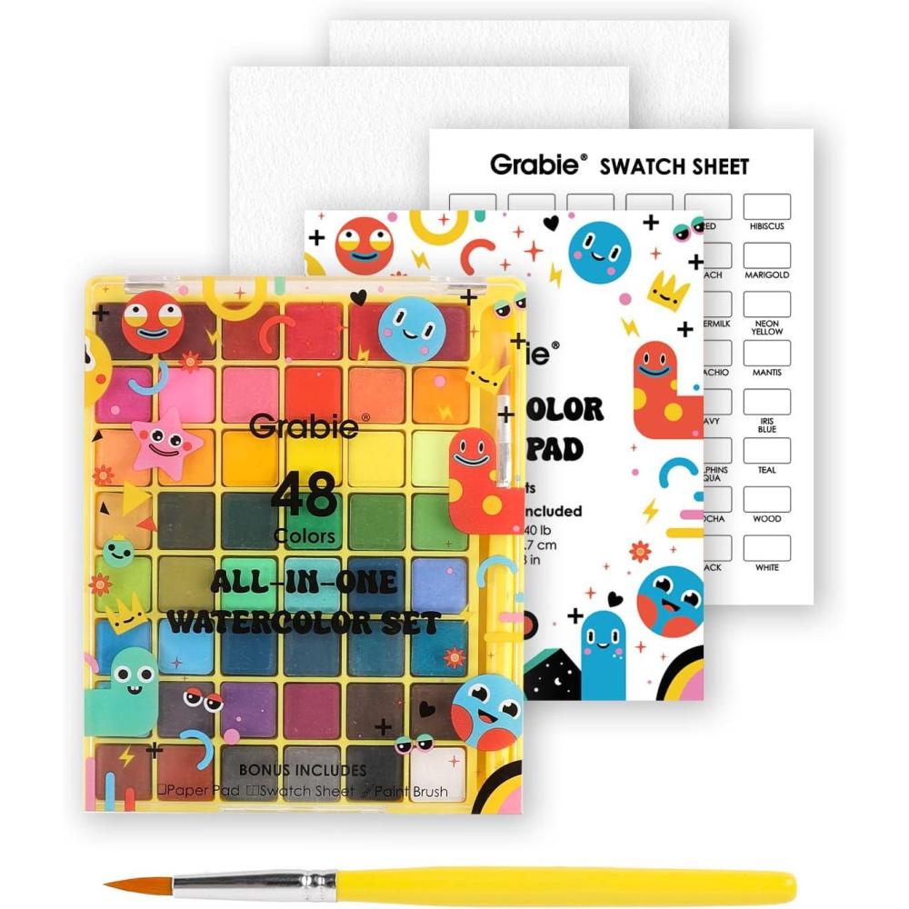 image:imageGrabie Mini Watercolor Set 48 Colors with Brush Paper Pad and Swatch Sheet Travel Watercolors Painting Kit for Beginners