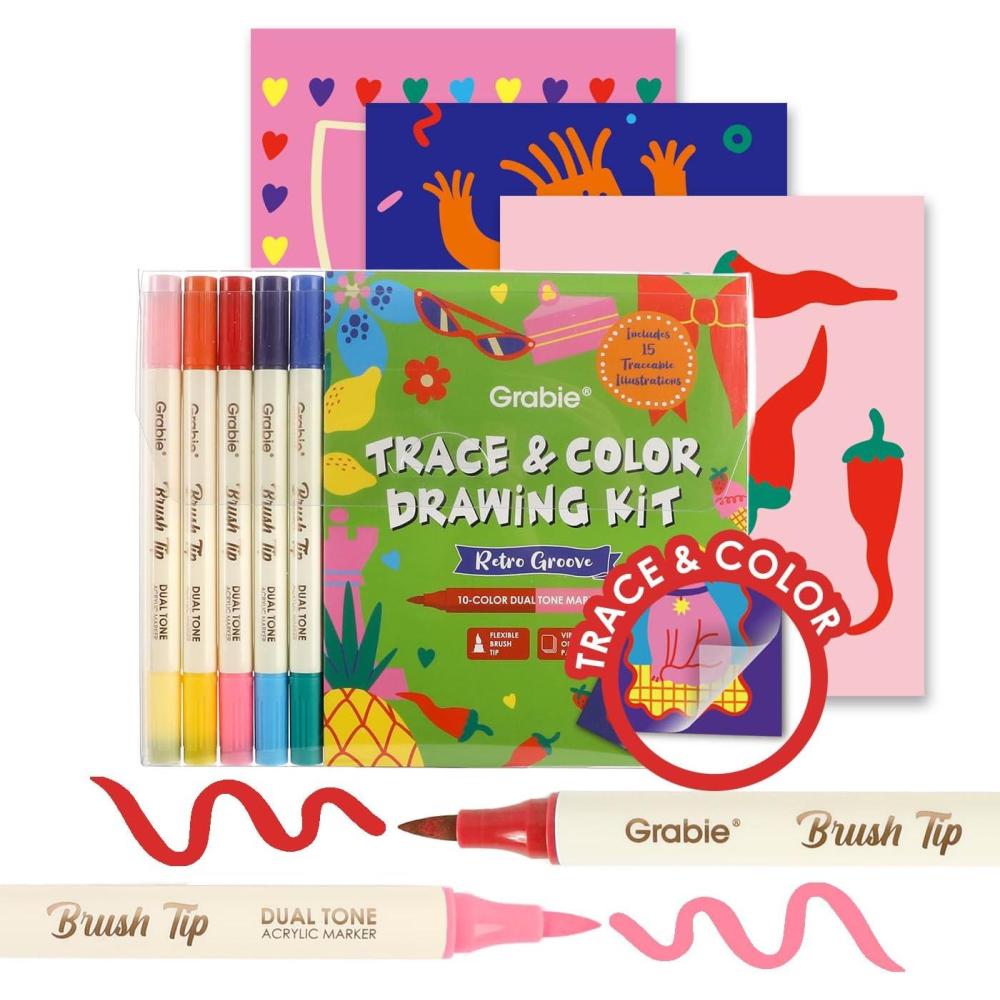 image:imageGrabie Trace and Color Drawing Kit Beginner Friendly AllinOne Tracing Art Set with Acrylic Dual Tip Markers 15 PrePrinted Designs Vellum Paper Creative Hobby Kit Artist Collaboration YetiRetro Groove Beginner