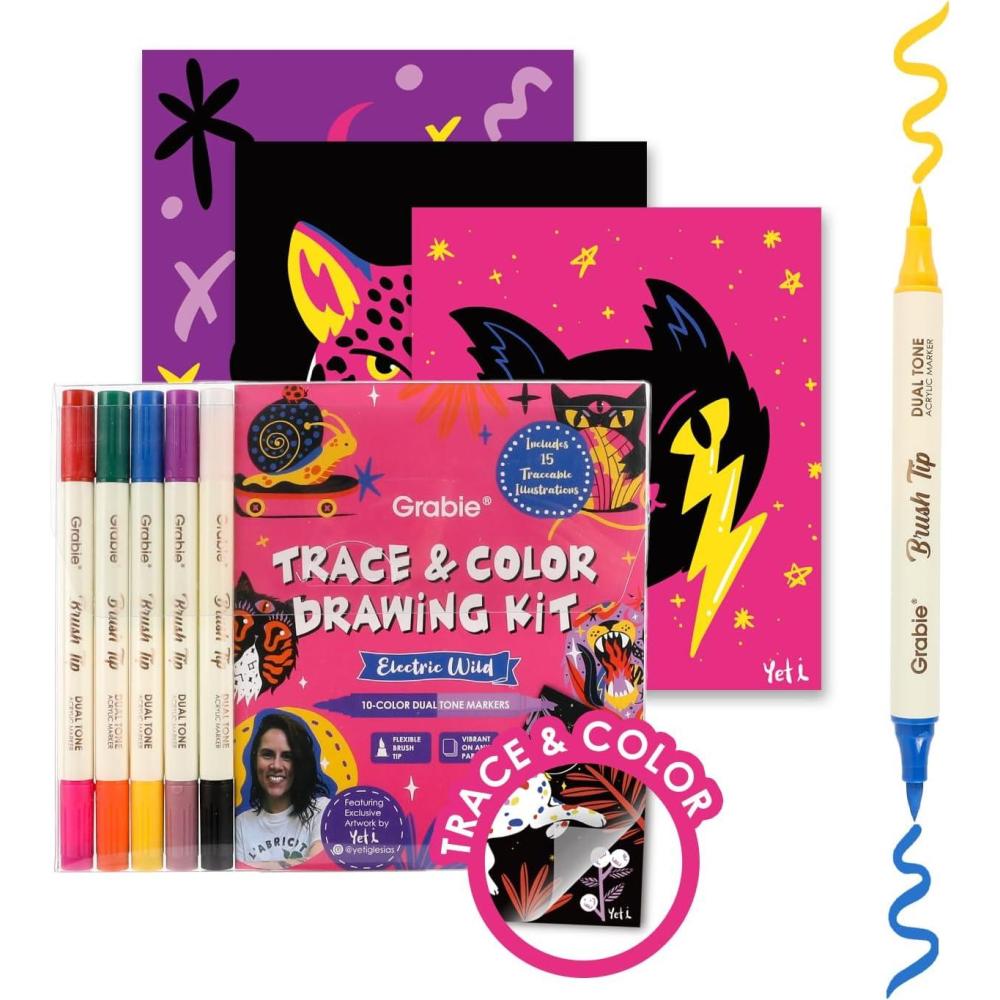 image:imageGrabie Trace and Color Drawing Kit Beginner Friendly AllinOne Tracing Art Set with Acrylic Dual Tip Markers 15 PrePrinted Designs Vellum Paper Creative Hobby Kit Artist Collaboration YetiElectric Wild Advanced