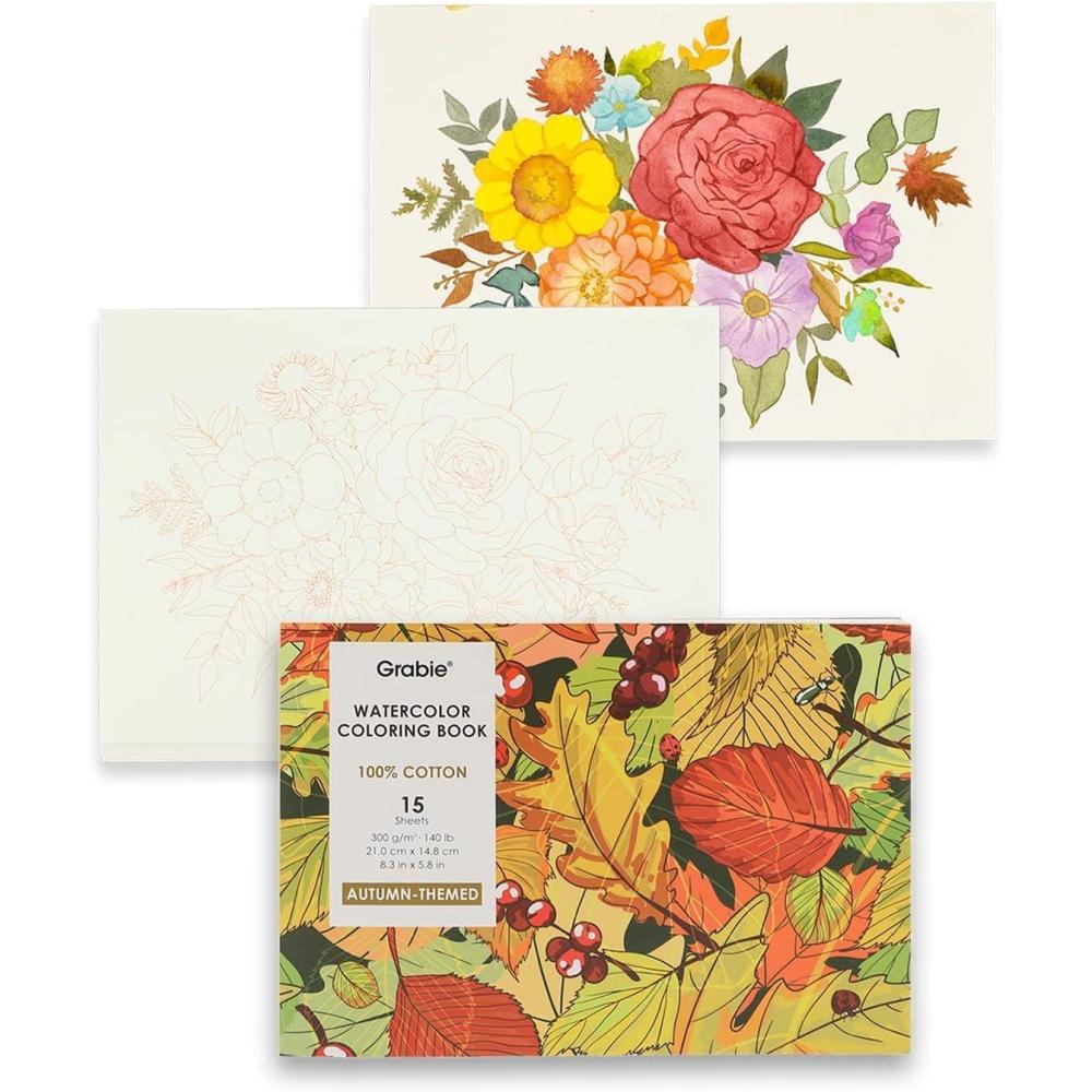 image:imageGrabie Watercolor Coloring Book 15 Sheets A5 83 x 58Watercolor Book for Adults Ignite Your Artistic Expression on 100 Cotton Paper LandScapeAutumn
