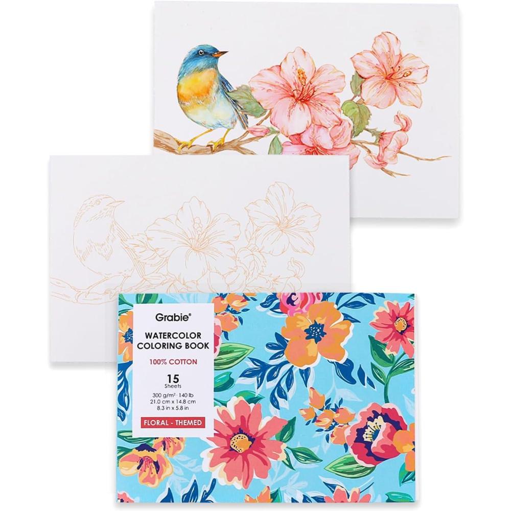image:imageGrabie Watercolor Coloring Book 15 Sheets A5 83 x 58Watercolor Book for Adults Ignite Your Artistic Expression on 100 Cotton Paper LandScapeFloral