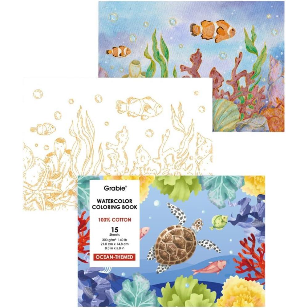 image:imageGrabie Watercolor Coloring Book 15 Sheets A5 83 x 58Watercolor Book for Adults Ignite Your Artistic Expression on 100 Cotton Paper LandScapeOcean