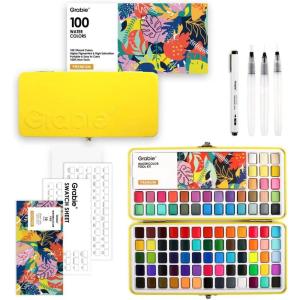 image:imageGrabie 100 Colors Premium AllInOne Watercolor Paint Set  50 Essential 35 Metallic 10 Pastels 5 Neon Hues  Portable Case Brush Pens Paper Pad Waterproof Fineliner Pen Beginner amp Professional100 ColorsPremium