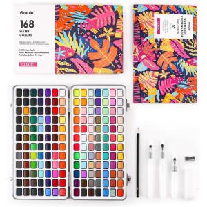image:imageGrabie 100 Colors Premium AllInOne Watercolor Paint Set  50 Essential 35 Metallic 10 Pastels 5 Neon Hues  Portable Case Brush Pens Paper Pad Waterproof Fineliner Pen Beginner amp Professional168 Colors