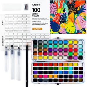 image:imageGrabie 100 Colors Premium AllInOne Watercolor Paint Set  50 Essential 35 Metallic 10 Pastels 5 Neon Hues  Portable Case Brush Pens Paper Pad Waterproof Fineliner Pen Beginner amp Professional100 Colors