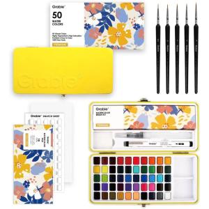 image:imageGrabie 100 Colors Premium AllInOne Watercolor Paint Set  50 Essential 35 Metallic 10 Pastels 5 Neon Hues  Portable Case Brush Pens Paper Pad Waterproof Fineliner Pen Beginner amp Professional50 ColorsPremium