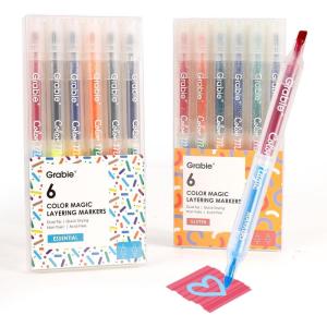 image:imageGrabie 24 Colors Magic Layering Markers12 Double Sided Color Changing Highlighter Pens4mm Chisel Tip amp 1mm Point Tip Dual Tip Magic Markers No Bleed Quick Drying2 Sets 6pcs Value Bundle