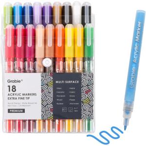 image:imageGrabie 6 White Acrylic Paint Markers 07mm Extra Fine Tip Acrylic Paint Pens for Drawing Coloring Books for Adults18 Colors Acrylic Markers