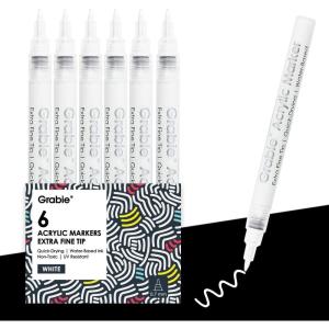 image:imageGrabie 6 White Acrylic Paint Markers 07mm Extra Fine Tip Acrylic Paint Pens for Drawing Coloring Books for Adults6 White Acrylic Markers