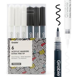 image:imageGrabie 6 White Acrylic Paint Markers 07mm Extra Fine Tip Acrylic Paint Pens for Drawing Coloring Books for AdultsBlack  White