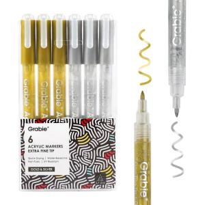 image:imageGrabie 6 White Acrylic Paint Markers 07mm Extra Fine Tip Acrylic Paint Pens for Drawing Coloring Books for AdultsGoldSilver