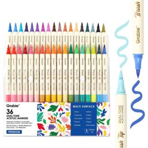 image:imageGrabie 72 Colors Acrylic Paint Markers Soft Brush Tip Acrylic Markers Set Water Based Acrylic Markers for Wood Fabric Canvas Glass Stone Rock Painting and DIY Crafts Art Supplies Set of 36B36Pcs72Dual Tone Colors