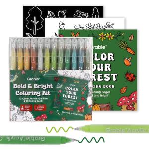 image:imageGrabie Coloring Kit Acrylic Gel Pens Set with Coloring Book 10mm Medium Tip Opaque Gel Pens for Adult Coloring Books Drawing Journaling Planner Art Supplies Gift Set of 12 Ocean ColorsForest Colors