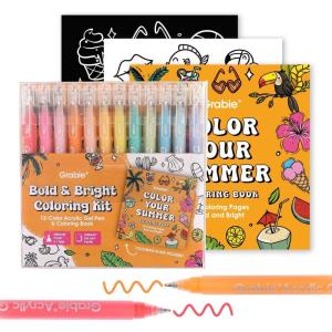 image:imageGrabie Coloring Kit Acrylic Gel Pens Set with Coloring Book 10mm Medium Tip Opaque Gel Pens for Adult Coloring Books Drawing Journaling Planner Art Supplies Gift Set of 12 Ocean ColorsSummer Colors