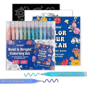 image:imageGrabie Coloring Kit Acrylic Gel Pens Set with Coloring Book 10mm Medium Tip Opaque Gel Pens for Adult Coloring Books Drawing Journaling Planner Art Supplies Gift Set of 12 Ocean ColorsOcean Colors