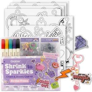 image:imageGrabie DIY Shrink Art Craft Kit Jewelry Making Kit for Kids Adults 25 PreCut Shapes 5 DualTip Markers Custom Charms Pins Rings Keychains Paws amp Wings  Creative FreedomRetro Vibes  Beginner Friendly