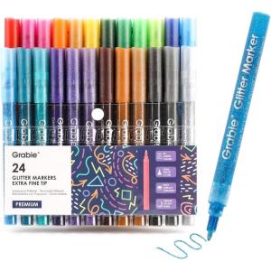 image:imageGrabie Glitter Markers 24 Pack Medium Tip Acrylic Paint Makers for Canvas Fabric Rock Painting QuickDrying WaterBased Metallic Glitter Pens for Paper DIY Crafts Art Supplies for Kids amp AdultsExtra Fine Tip 24 Colors