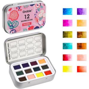 image:imageGrabie Pocket Watercolor Set of 12 Travel Watercolor Paint Set Watercolor Paints Art Supplies for Painting Great Watercolor Set for Artists Amateur Hobbyists and Painting 60 Color 5 ThemeFloral