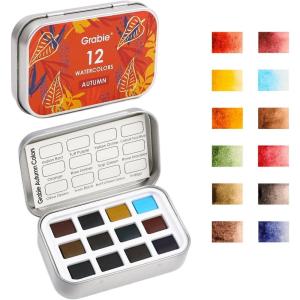 image:imageGrabie Pocket Watercolor Set of 12 Travel Watercolor Paint Set Watercolor Paints Art Supplies for Painting Great Watercolor Set for Artists Amateur Hobbyists and Painting 60 Color 5 ThemeAutumn