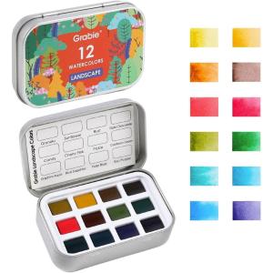 image:imageGrabie Pocket Watercolor Set of 12 Travel Watercolor Paint Set Watercolor Paints Art Supplies for Painting Great Watercolor Set for Artists Amateur Hobbyists and Painting 60 Color 5 Theme12 Colors  Landscape