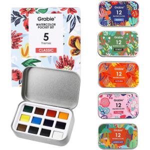 image:imageGrabie Pocket Watercolor Set of 12 Travel Watercolor Paint Set Watercolor Paints Art Supplies for Painting Great Watercolor Set for Artists Amateur Hobbyists and Painting 60 Color 5 Theme60 Color 5 Theme