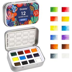 image:imageGrabie Pocket Watercolor Set of 12 Travel Watercolor Paint Set Watercolor Paints Art Supplies for Painting Great Watercolor Set for Artists Amateur Hobbyists and Painting 60 Color 5 Theme12 Colors  Essential