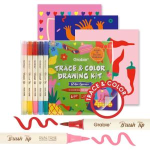 image:imageGrabie Trace and Color Drawing Kit Beginner Friendly AllinOne Tracing Art Set with Acrylic Dual Tip Markers 15 PrePrinted Designs Vellum Paper Creative Hobby Kit Artist Collaboration YetiRetro Groove Beginner