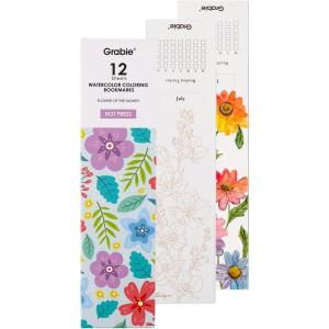 image:imageGrabie Watercolor Bookmarks Kit 12 Monthly Paintable Bookmarks for Women Men Reading Tracker for Book Lovers Coloring Book Pocket Watercolor Painting Paper
