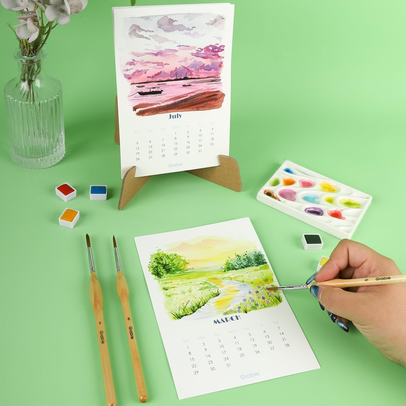 image:imageGrabie 12Month Watercolor Calendar Set for 2026 Premium Paper Sturdy Kraft Stand 100 Cotton Paper AcidFree Smooth Texture Hot Press 140 LB 300 GSM 12 SheetsPack