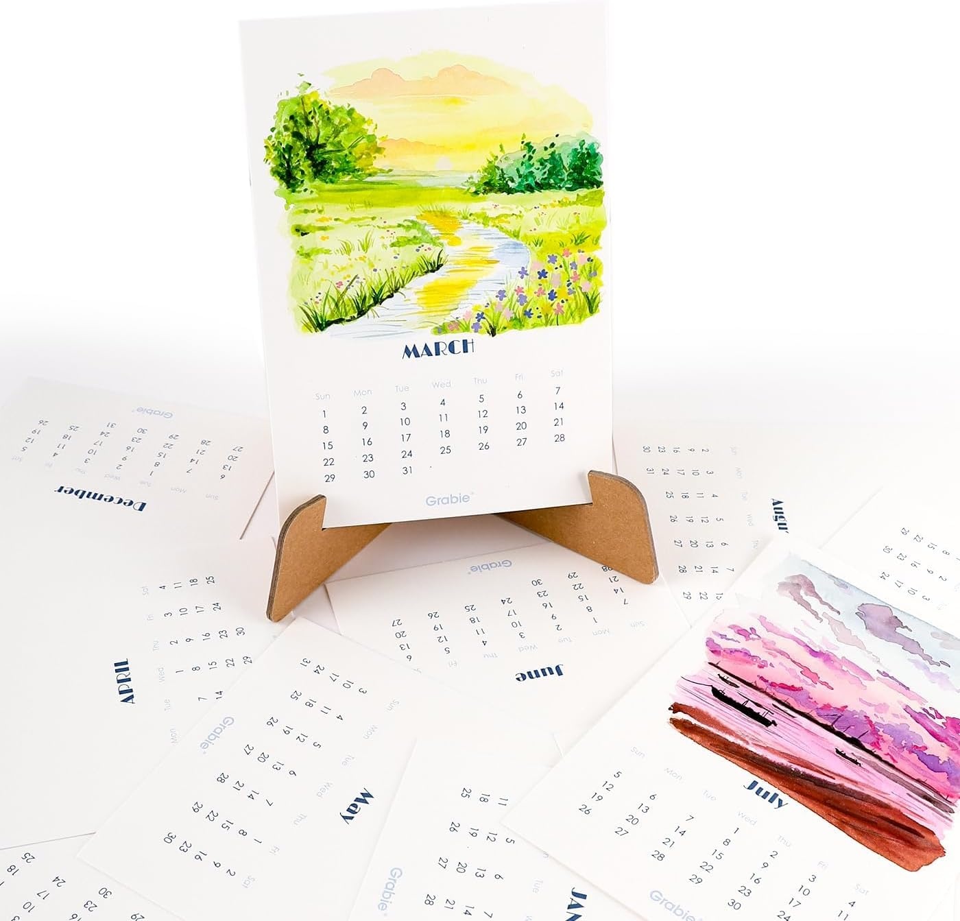 image:imageGrabie 12Month Watercolor Calendar Set for 2026 Premium Paper Sturdy Kraft Stand 100 Cotton Paper AcidFree Smooth Texture Hot Press 140 LB 300 GSM 12 SheetsPack