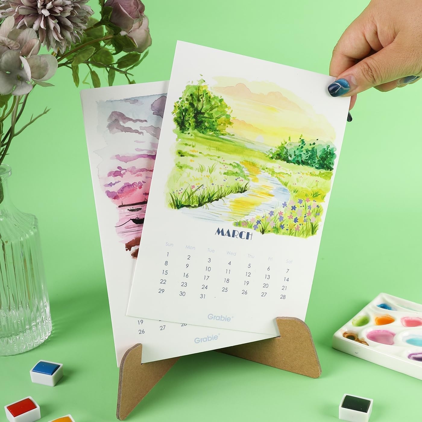 image:imageGrabie 12Month Watercolor Calendar Set for 2026 Premium Paper Sturdy Kraft Stand 100 Cotton Paper AcidFree Smooth Texture Hot Press 140 LB 300 GSM 12 SheetsPack