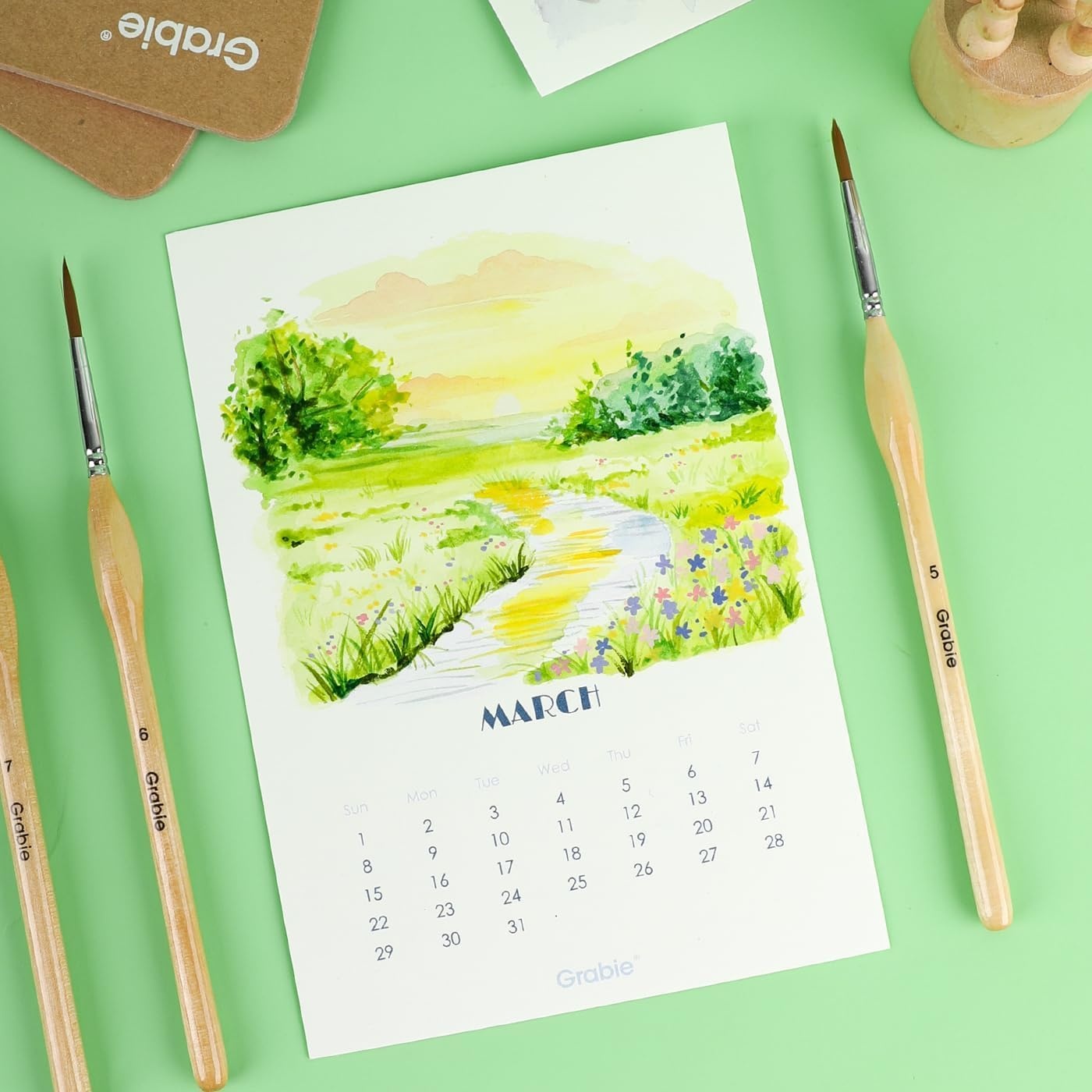 image:imageGrabie 12Month Watercolor Calendar Set for 2026 Premium Paper Sturdy Kraft Stand 100 Cotton Paper AcidFree Smooth Texture Hot Press 140 LB 300 GSM 12 SheetsPack